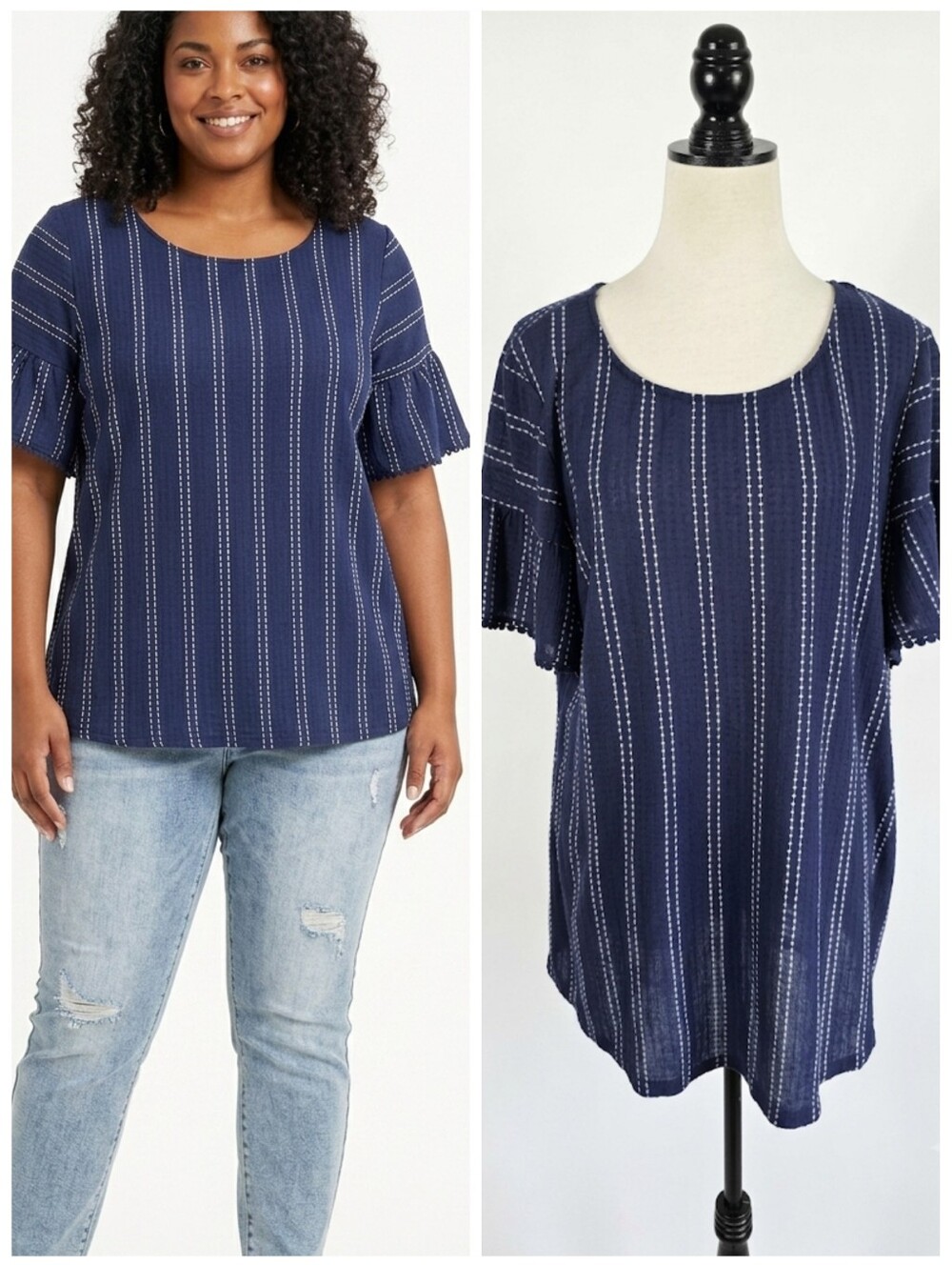 Women’s Navy Blue & White Striped Ruffled Sleeve Top Women's Plus Size 2X